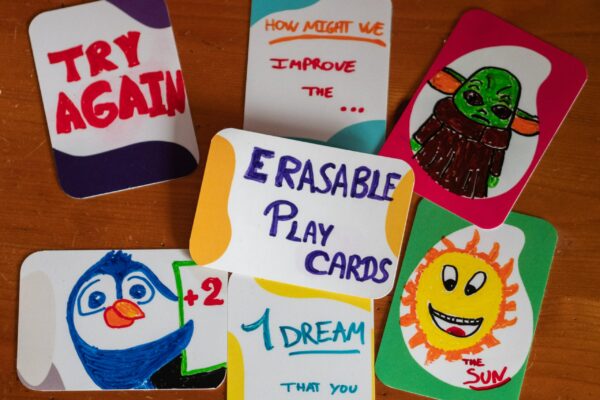 Erasable Play Cards with playful illustrations