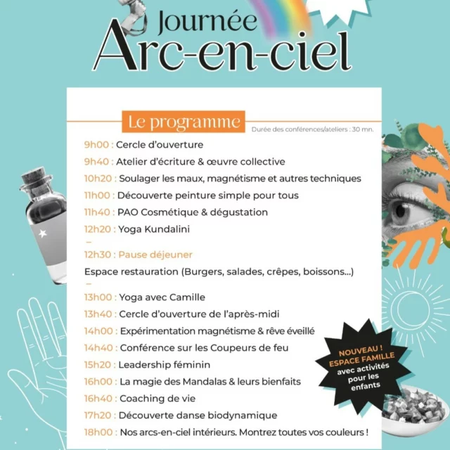 📅 Le programme des conférences et ateliers de la Journée Arc-en-Ciel est là ! 🌈

Tout au long de la journée, profitez des déambulations dans les stands pour découvrir nos exposants et participer aux nombreuses animations.

🎉 Cerise sur le gâteau : 15 conférences et ateliers vous attendent pour des découvertes uniques ! Que vous veniez pour une pépite en particulier ou que vous souhaitiez vous laisser porter par l'ambiance, il y en aura pour tous les goûts.

🕒 Jetez un œil au programme et rejoignez-nous au moment qui vous correspond le mieux !

❓ Dites-nous : à quelle conférence ou quel atelier voulez-vous absolument participer ? 

#JournéeArcEnCiel #LaPépite #Conférences #Ateliers #Découvertes #Grenoble #AccèsLibre